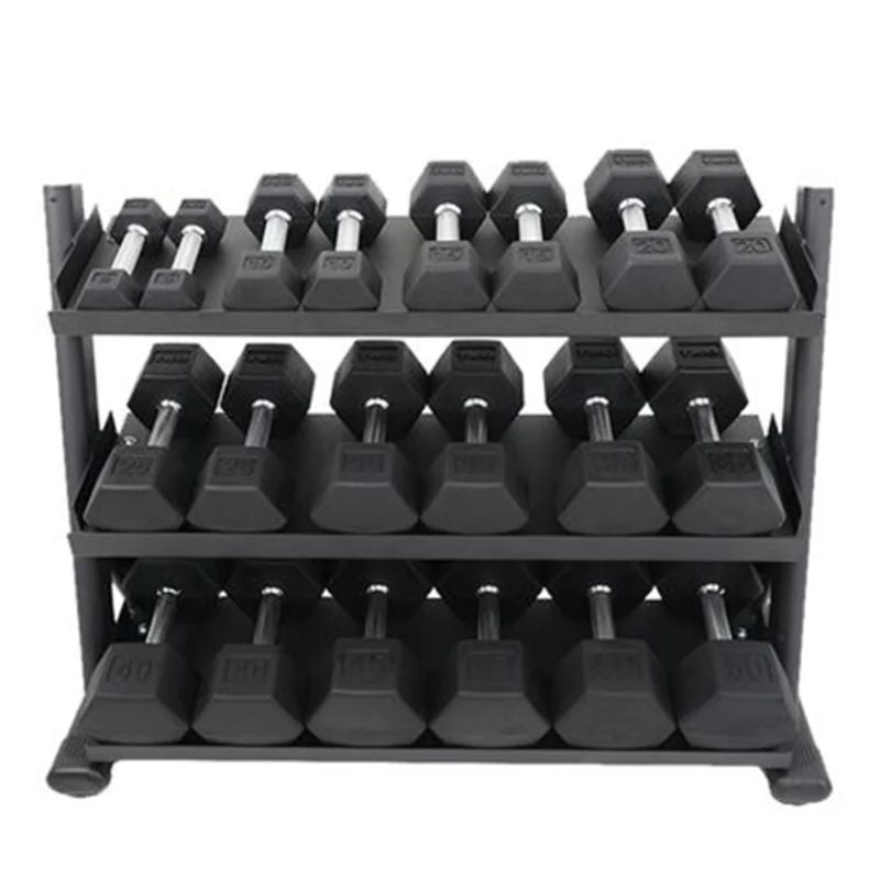 TKO Strength 3-Tier Shelf Dumbbell Rack for Hex Dumbbells - 6235-B with Dumbbells
