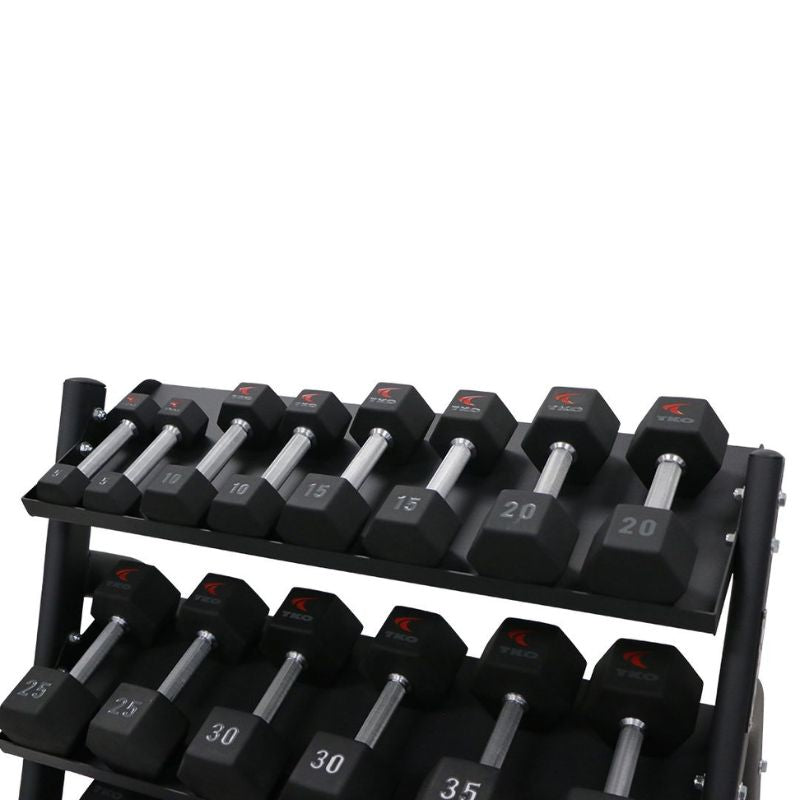 TKO Strength 3-Tier Shelf Dumbbell Rack for Hex Dumbbells - 6235-B with Urethane Dumbbells Set
