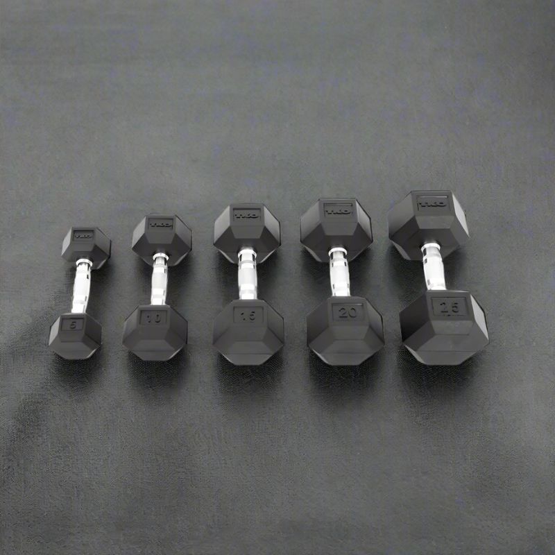 TKO 804RX-A10 5-50 lb Rubber Hex Contour Dumbbell Set Inside Gym