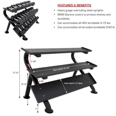 TKO Strength 3-Tier Horizontal Dumbbell Rack - 890HDR-BK Features and Dimensions