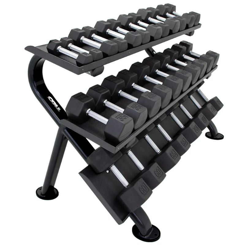 TKO Strength 3-Tier Horizontal Dumbbell Rack - 890HDR-BK Side View with Set of Dumbbells