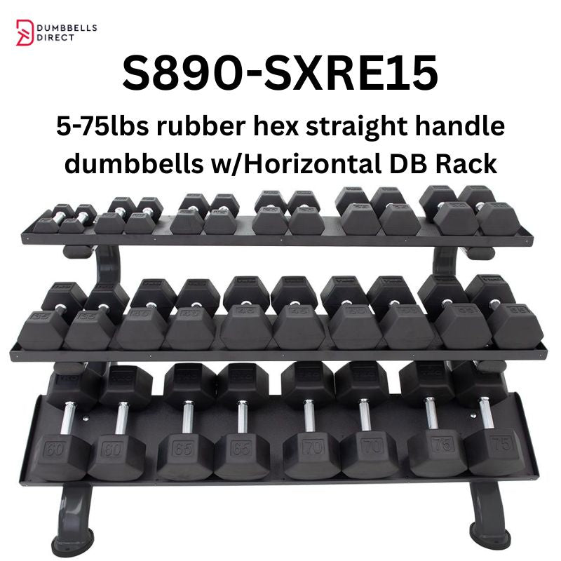 TKO Strength 3-Tier Horizontal Dumbbell Rack for Hex Dumbbells - 890HDR-BK 5-75lb Rubber Hex Straight Handle Dumbbells