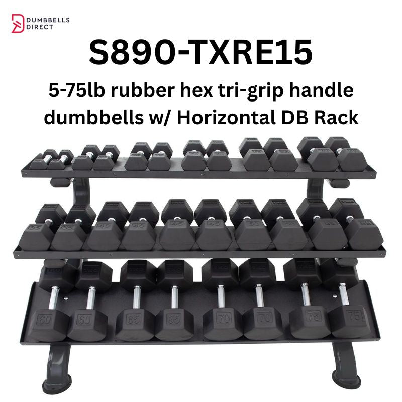 TKO Strength 3-Tier Horizontal Dumbbell Rack for Hex Dumbbells - 890HDR-BK 5-75lb Rubber Hex Tri-Grip Handle Dumbbells