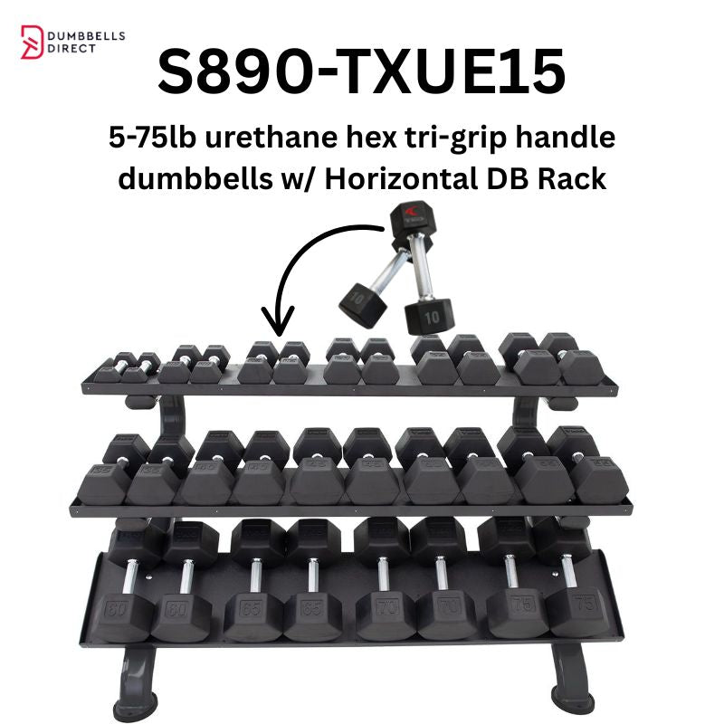 TKO Strength 3-Tier Horizontal Dumbbell Rack for Hex Dumbbells - 890HDR-BK 5-75lb Urethane hex Tri-Grip Handle Dumbbells
