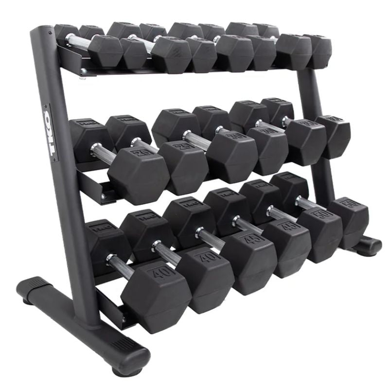 TKO Strength 3-Tier Rail Dumbbell Rack for Hex Dumbbells - 6230-B With Set of Dumbbells