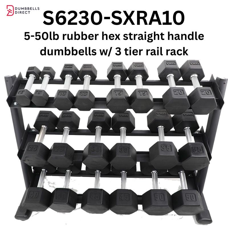 TKO Strength 3-Tier Rail Dumbbell Rack for Hex Dumbbells - 6230-B with 5-50lb Rubber Hex Straight Handle Dumbbells