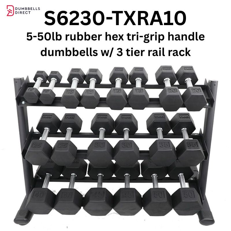 TKO Strength 3-Tier Rail Dumbbell Rack for Hex Dumbbells - 6230-B with 5-50lb Rubber Hex Tri-Grip Handle Dumbbells