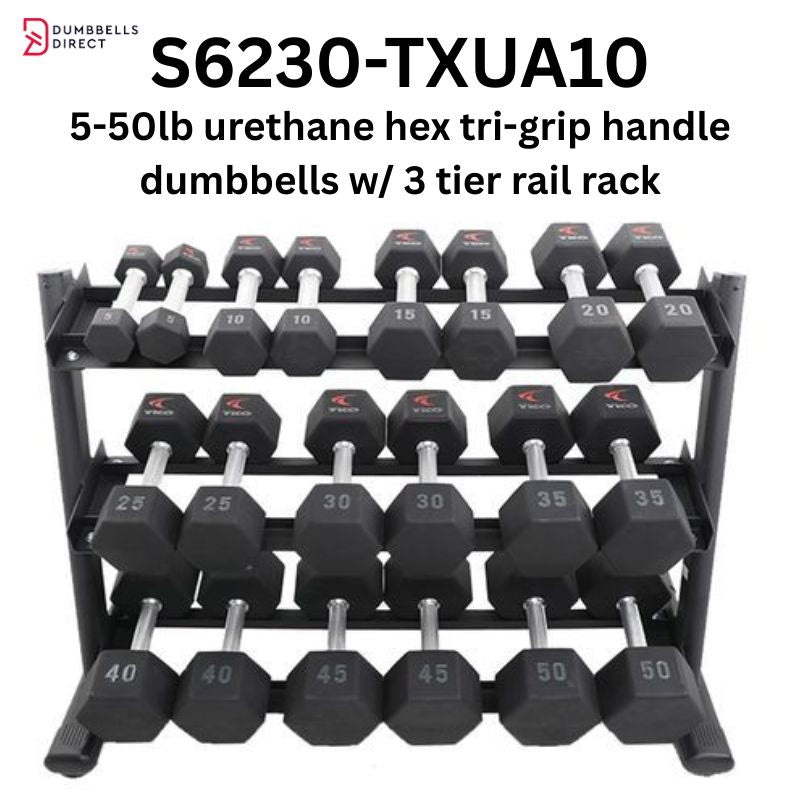 TKO Strength 3-Tier Rail Dumbbell Rack for Hex Dumbbells - 6230-B with 5-50lb Urethane Hex Tri-Grip Handle Dumbbells