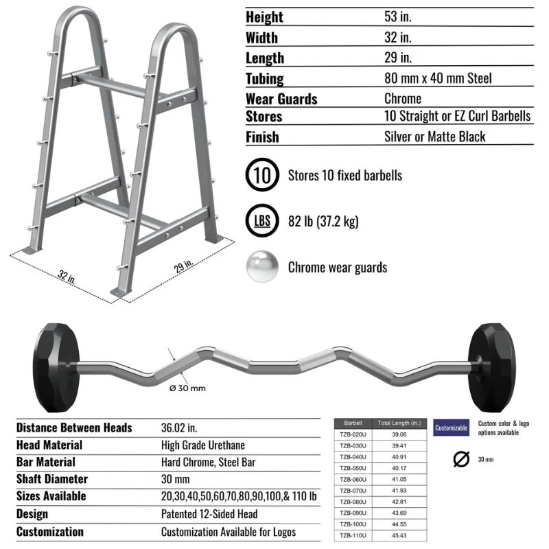 TROY COMMPAC-TZBU110 12-Sided Fixed Curl Barbells Set & Rack Features and Dimensions