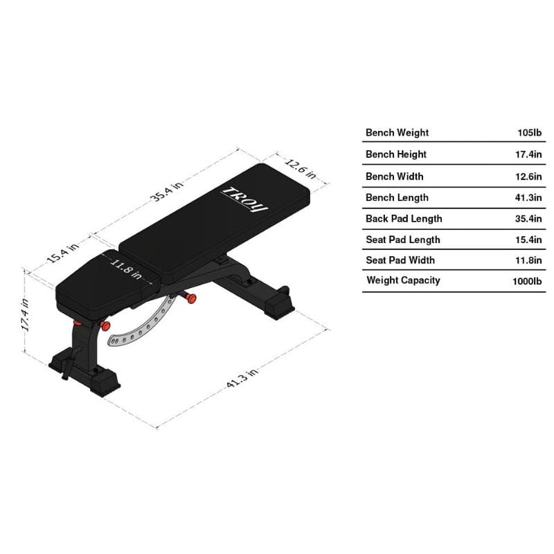 TROY GTBH-FID Commercial Adjustable Bench Dimensions