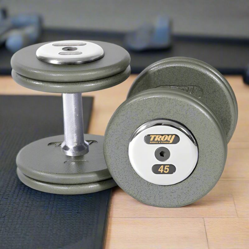 TROY HFD-C Pro-Style Gray Dumbbell Straight Handle & Chrome Endcaps 45lb pair