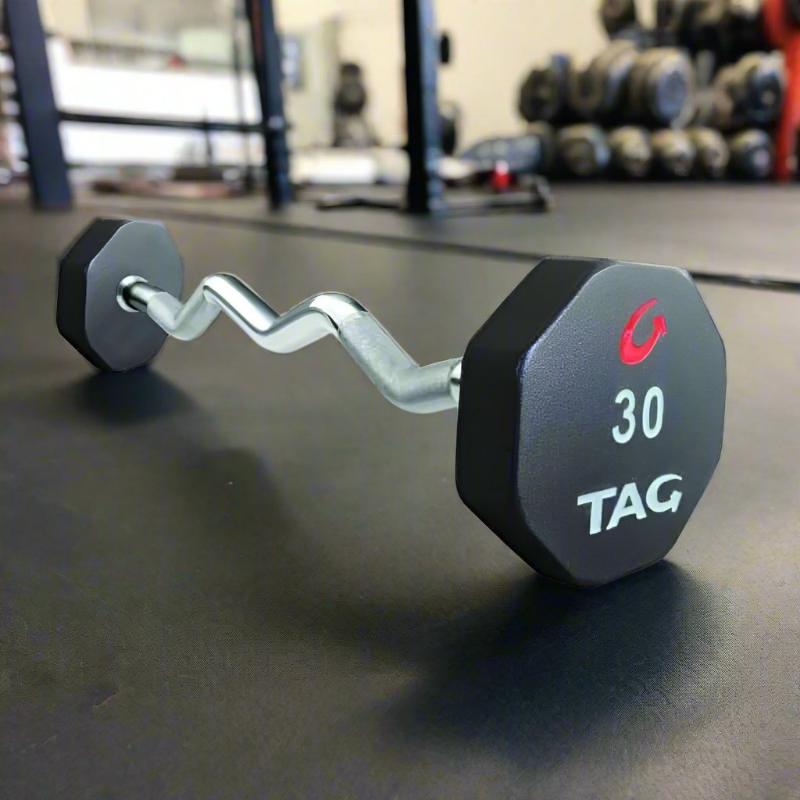 U8BBEL-EZ TAG Fitness 8 Sided 20-110lb and Set, Urethane Barbell with EZ Curl Handle 30 lb
