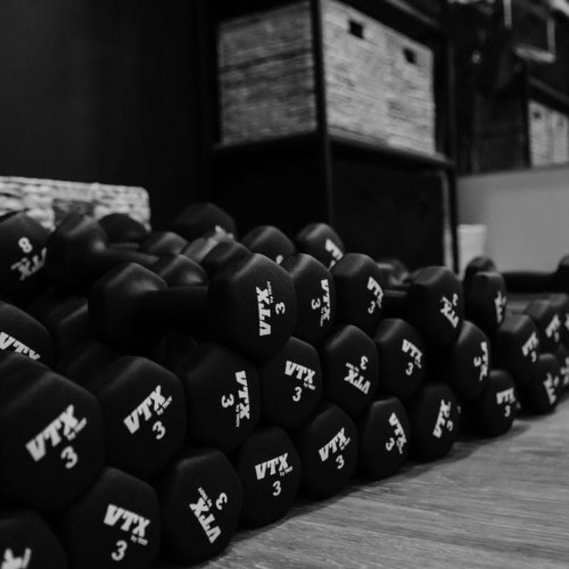 VTX GTD Neoprene Textured Hex Dumbbell Set Inside Fitness Studio