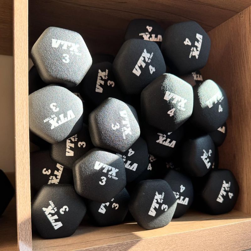 VTX GTD Neoprene Textured Hex Dumbbell Set in a Storage Cabin