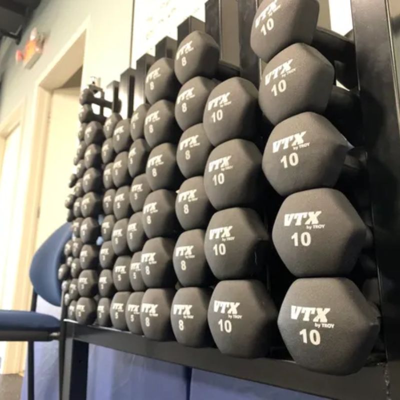 VTX GTD Neoprene Textured Hex Dumbbell Set with Rack inside Home Gym