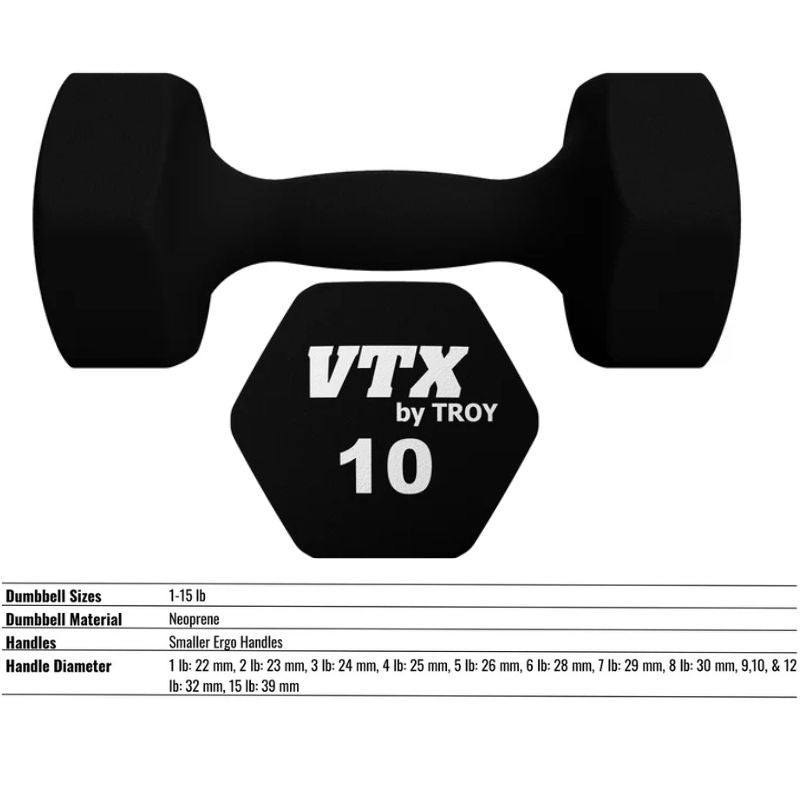 VTX GTD Neoprene Textured Hex Dumbbell Weight Set Specifications