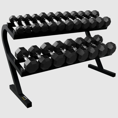 VTX T-DR Horizontal Dumbbell Rack - 2-Tier Rail Rack w/o Saddles With Dumbbells