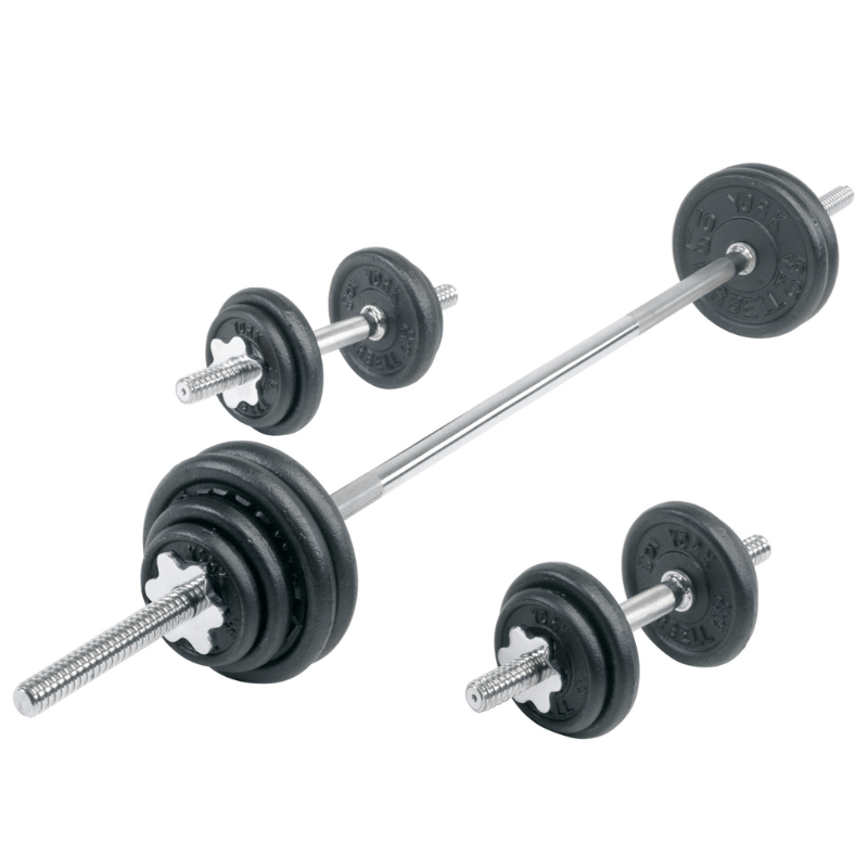 York 110 lbs. Black Contour Cast Iron Spinlock Dumbbell / Barbell Set | 2021