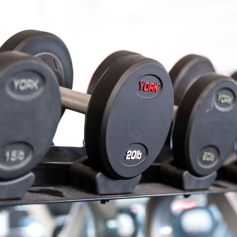 York Rubber Encased Pro Style Dumbbell Set with Rack