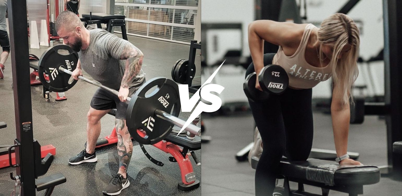 barbell row equipment comparison Olympic barbell EZ-bar dumbbells resistance bands