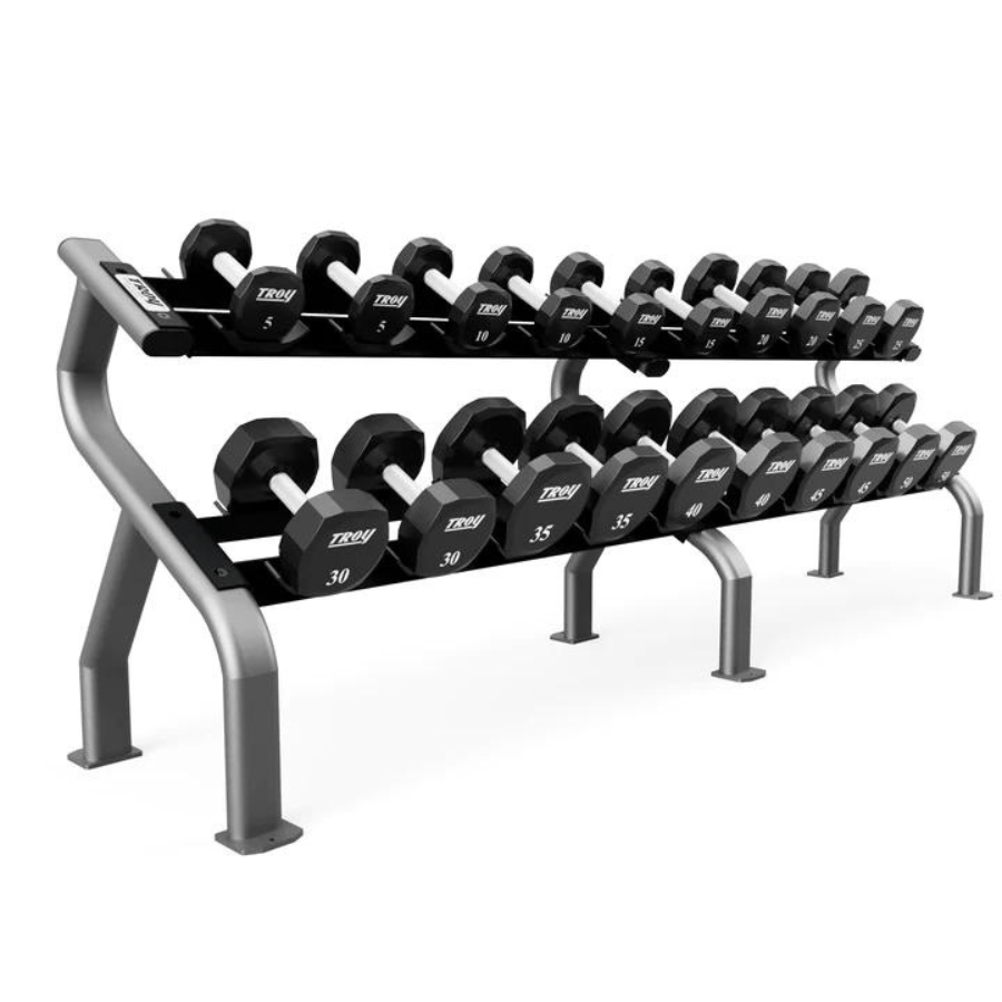 TROY 5 50 lb 12 Sided Urethane Dumbbell Set with Rack COMMPAC