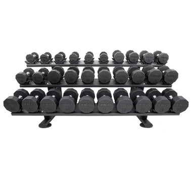 15 Pair Signature Dumbbell Saddle Rack Front View with Dumbbells
