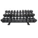 15 Pair Signature Dumbbell Saddle Rack Front View with Dumbbells