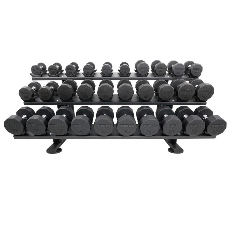 15 Pair Signature Dumbbell Saddle Rack Front View with Dumbbells
