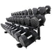 15 Pair Signature Dumbbell Saddle Rack Side View with Dumbbells