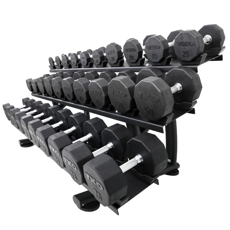 15 Pair Signature Dumbbell Saddle Rack Side View with Dumbbells