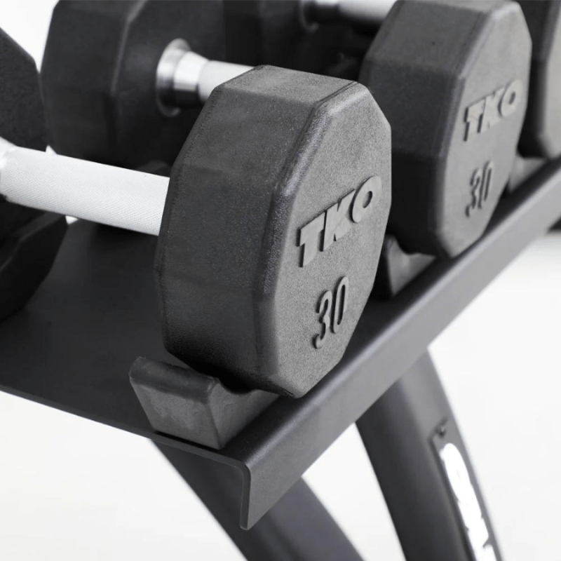 TKO Matte Black 10 Pair Dumbbell Rack with Saddles | 7051B-BK Sample with Dumbbell 30lb Pair