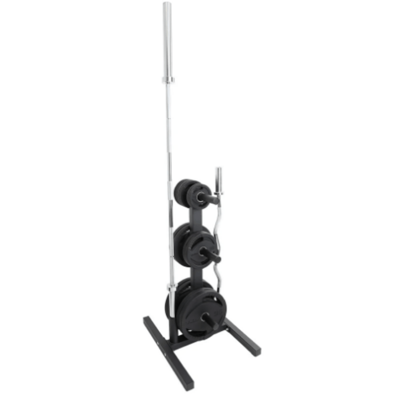 TKO 255lb PVC Tri-Grip Olympic Plate Set w/ Plate Tree and Retail Olympic Bar and Curl Bar	| S6205-OP255+BARS