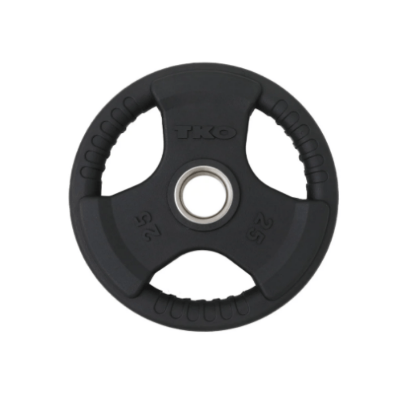 TKO 255lb PVC Tri-Grip Olympic Plate Set w/ Plate Tree and Retail Olympic Bar and Curl Bar | S6205-OP255+BARS 25lb