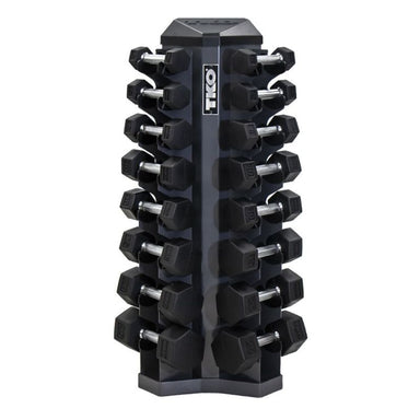 3-25lb rubber hex  tri-grip handle dumbbells w_ 8pr Vertical Dumbbell Rack Front View
