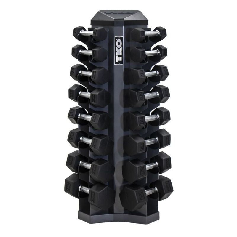 3-25lb rubber hex  tri-grip handle dumbbells w_ 8pr Vertical Dumbbell Rack Front View
