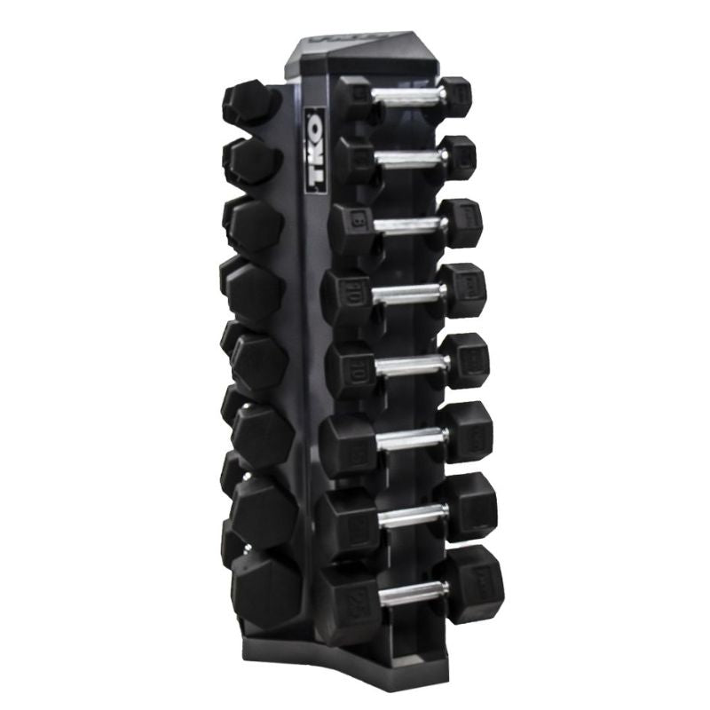 3-25lb rubber hex  tri-grip handle dumbbells w_ 8pr Vertical Dumbbell Rack Side View