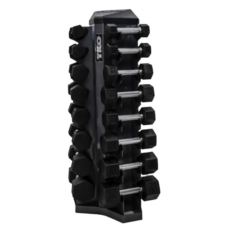 3-25lb rubber hex straight handle dumbbells w_ 8pr Vertical Dumbbell Rack