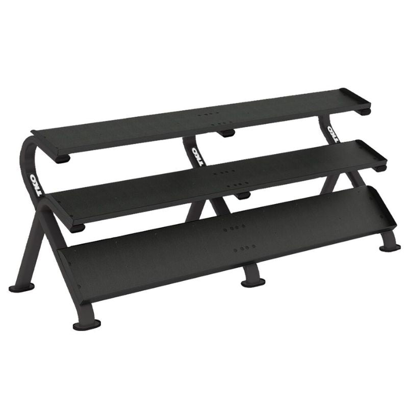 5-100lb rubber hex tri-grip handle dumbbells w_ 3 tier shelf rack