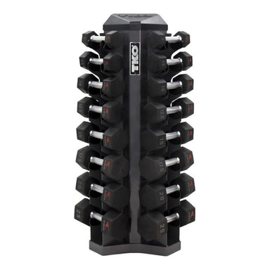 5-25lb urethane hex  tri-grip handle dumbbells w_ 8pr Vertical Dumbbell Rack Front View