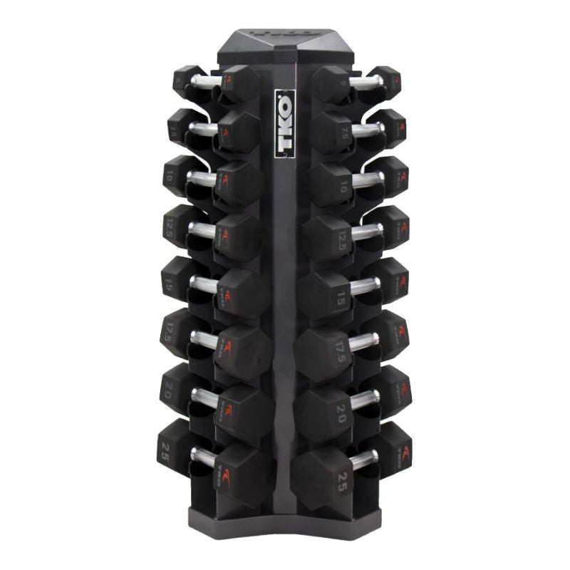 5-25lb urethane hex  tri-grip handle dumbbells w_ 8pr Vertical Dumbbell Rack Front View
