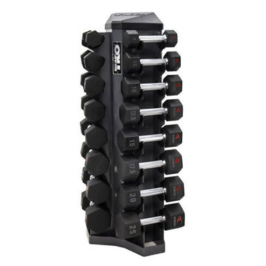 5-25lb urethane hex  tri-grip handle dumbbells w_ 8pr Vertical Dumbbell Rack Side View
