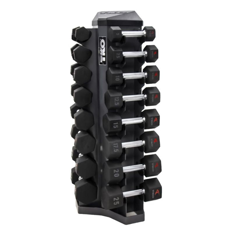 5-25lb urethane hex  tri-grip handle dumbbells w_ 8pr Vertical Dumbbell Rack Side View
