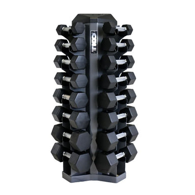 5-30lb rubber hex straight handle dumbbells w_ 8pr Vertical Dumbbell Rack