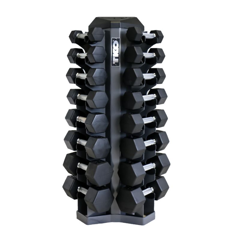 5-30lb rubber hex straight handle dumbbells w_ 8pr Vertical Dumbbell Rack