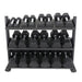 5-50lb rubber hex tri-grip handle dumbbells w_ 3 tier tray rack