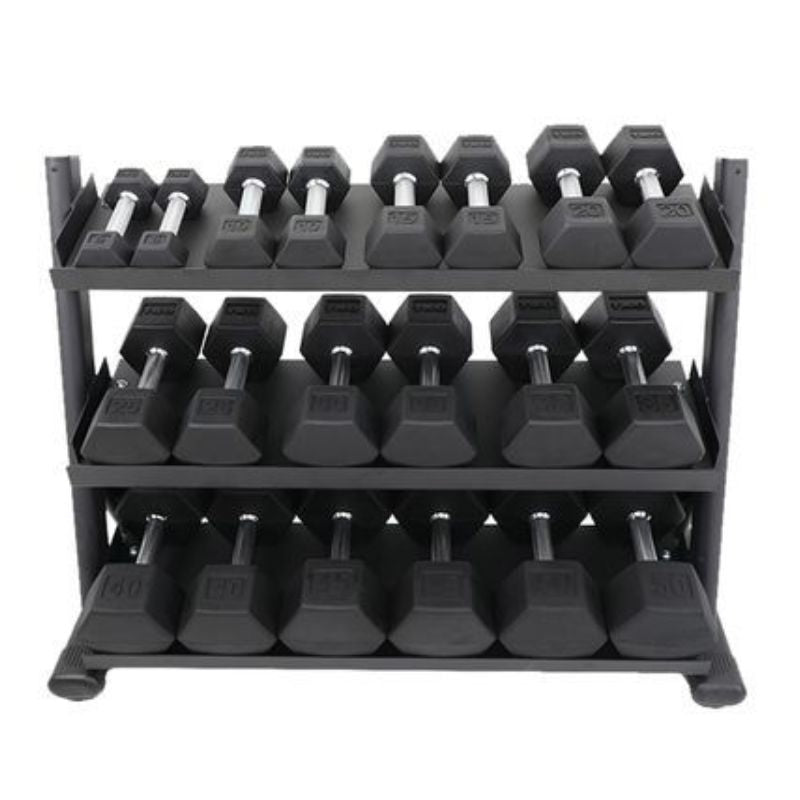 5-50lb rubber hex tri-grip handle dumbbells w_ 3 tier tray rack