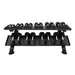 5-50lb rubber hex tri-grip handle dumbbells w_ Horizontal Dumbbell Rack Front View