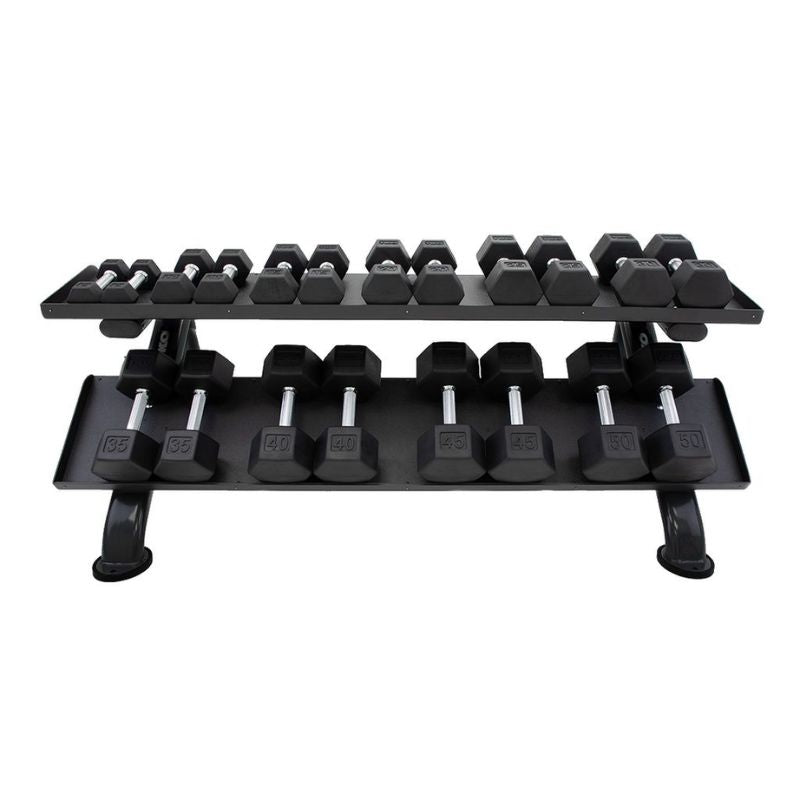 5-50lb rubber hex tri-grip handle dumbbells w_ Horizontal Dumbbell Rack Front View