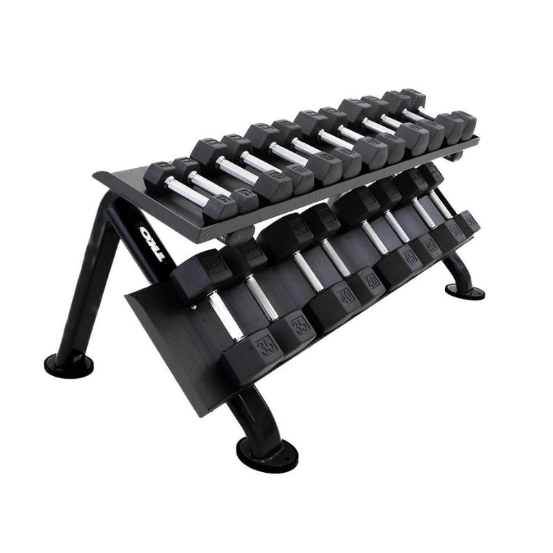 5-50lb rubber hex tri-grip handle dumbbells w_ Horizontal Dumbbell Rack Side View