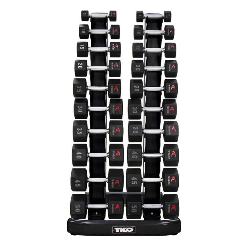 5-50lb urethane hex tri-grip handle dumbbells w_ 10 pair Vertical Dumbbell Rack Front View